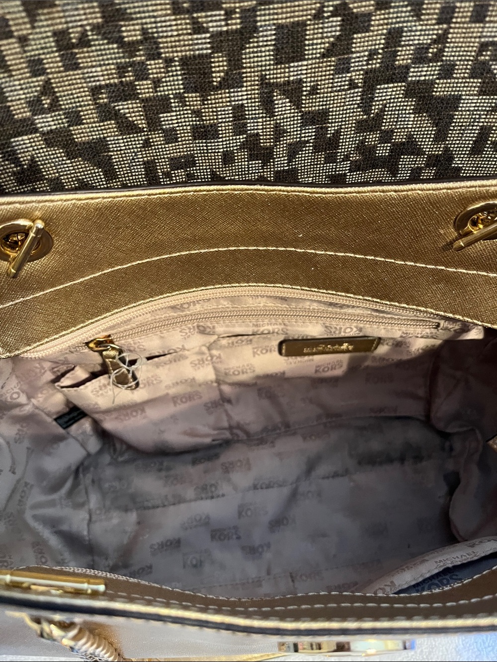 Michael Kors Metallic Gold Chain-Handle Tote W15” D10” - Picture 6 of 10